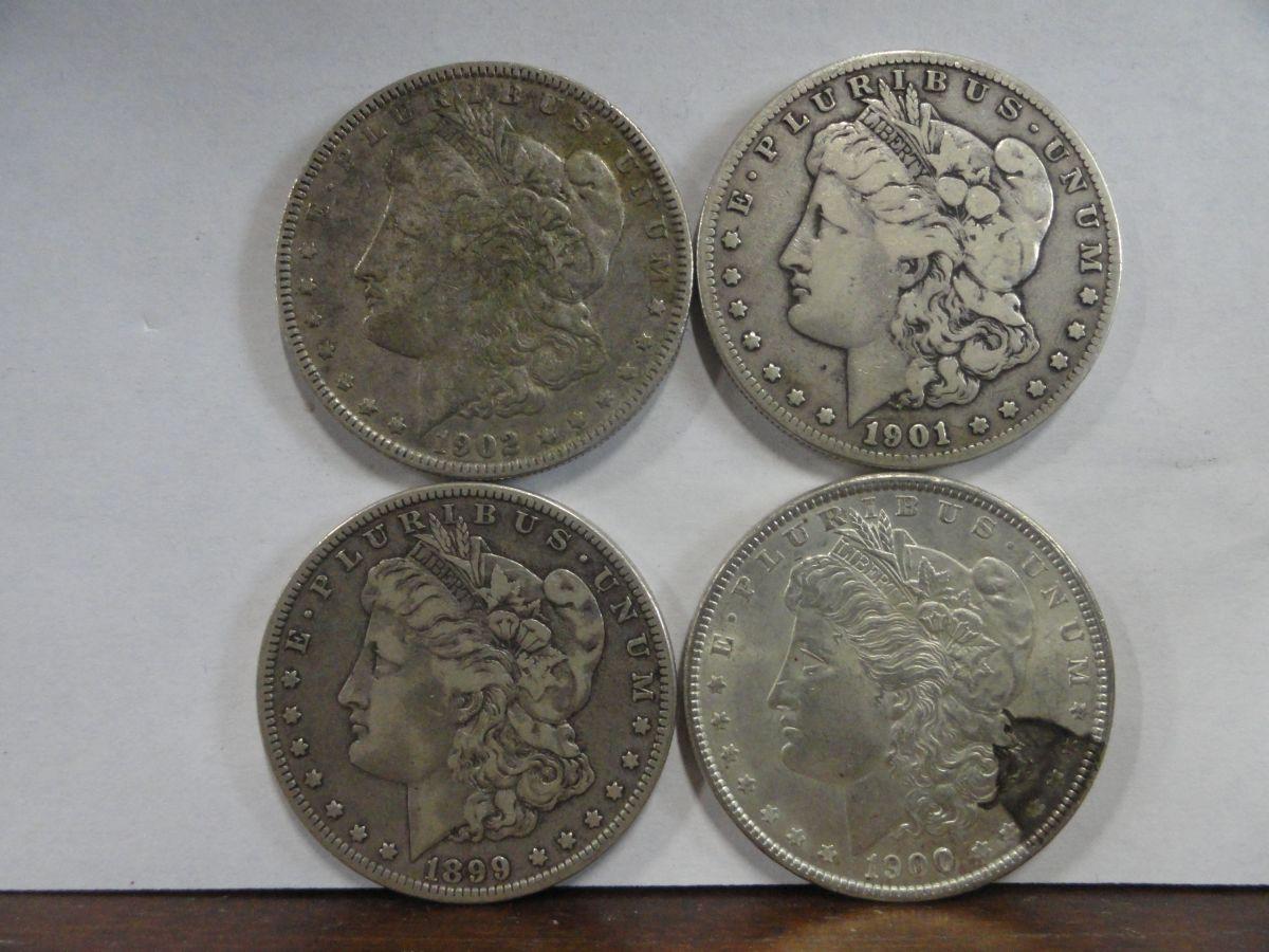 (4) F-VF MORGAN SILVER DOLLARS, 1899-O, 1900, 1901-O, 1902-O