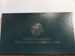 1992 U.S. MINT THE COLUMBUS QUINCENTENARY TWO-COIN PROOF SET. 90% SILVER DOLLAR, CLAD HALF