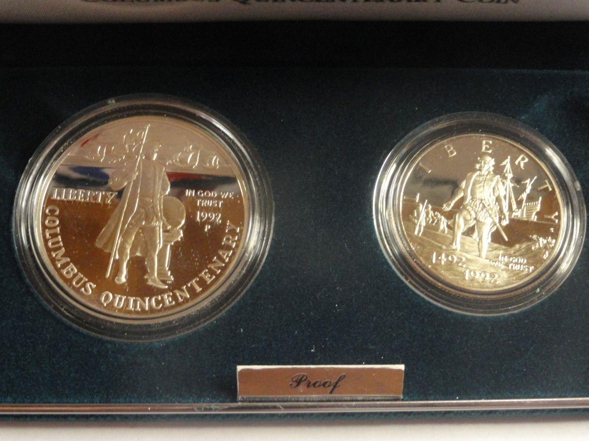 1992 U.S. MINT THE COLUMBUS QUINCENTENARY TWO-COIN PROOF SET. 90% SILVER DOLLAR, CLAD HALF