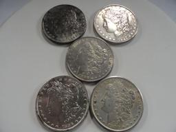 (5) AU-BU  MORGAN SILVER DOLLARS:1886, 1887, 1888, 1896 & 1900