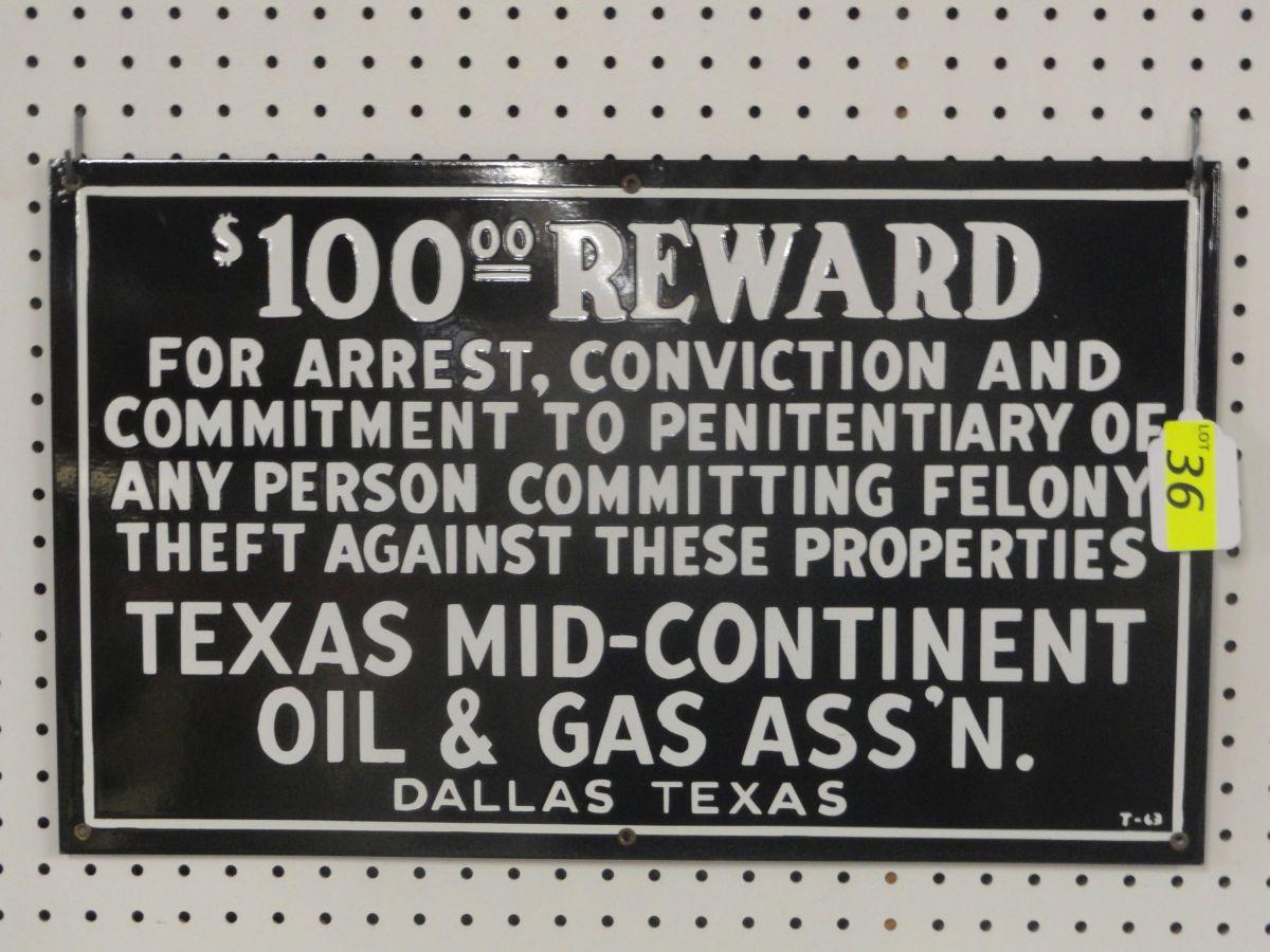 PORCELAIN SIGN 100 REWARD FOR ARREST