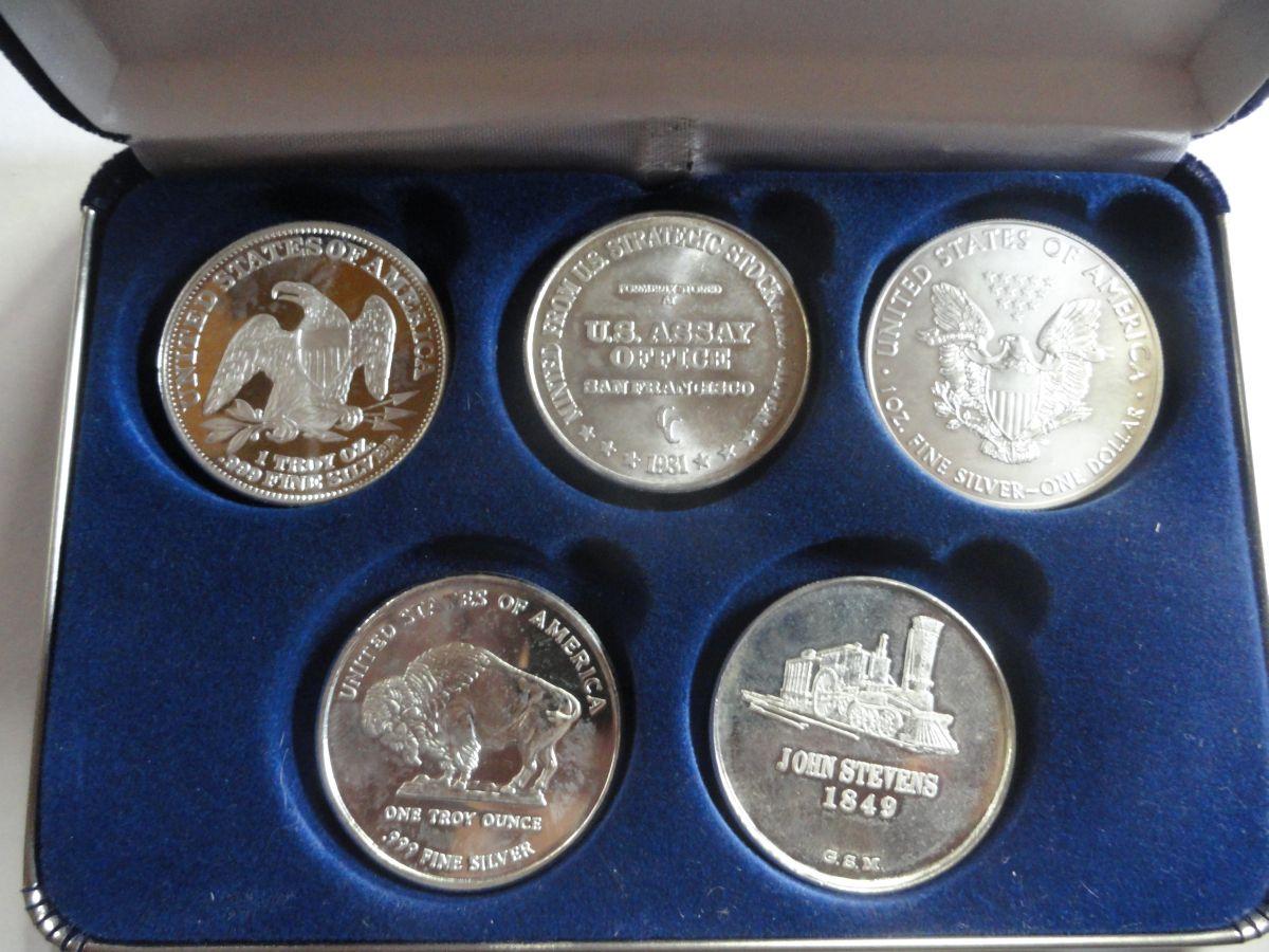 (5) ONE TROY OZ SILVER COINS & ROUNDS: