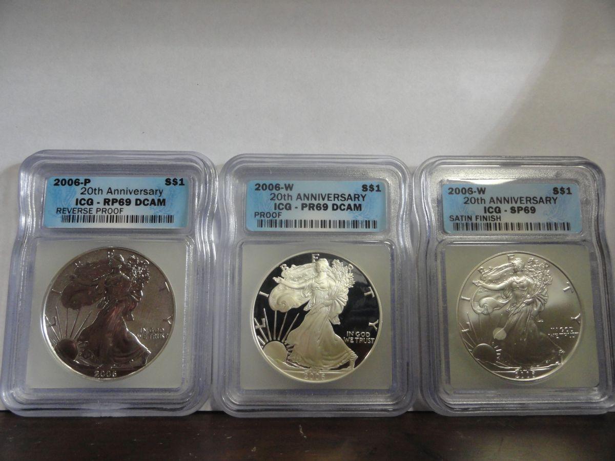 (3) 2006 ICG PROOF 69 20TH ANNIVERSARY SILVER AMERICAN EAGLE COINS