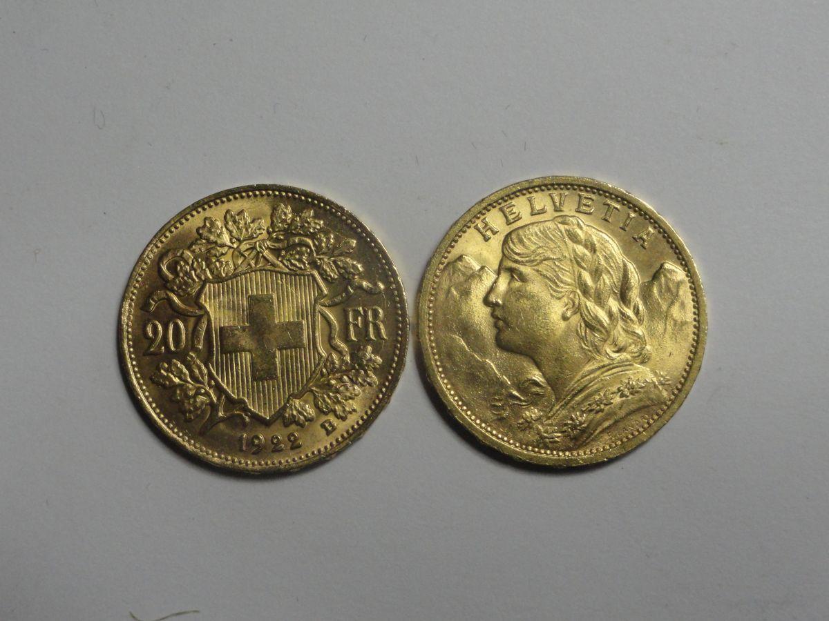 (2) SWISS 20 FRANC HELVETIA GOLD COINS, 90% GOLD,
