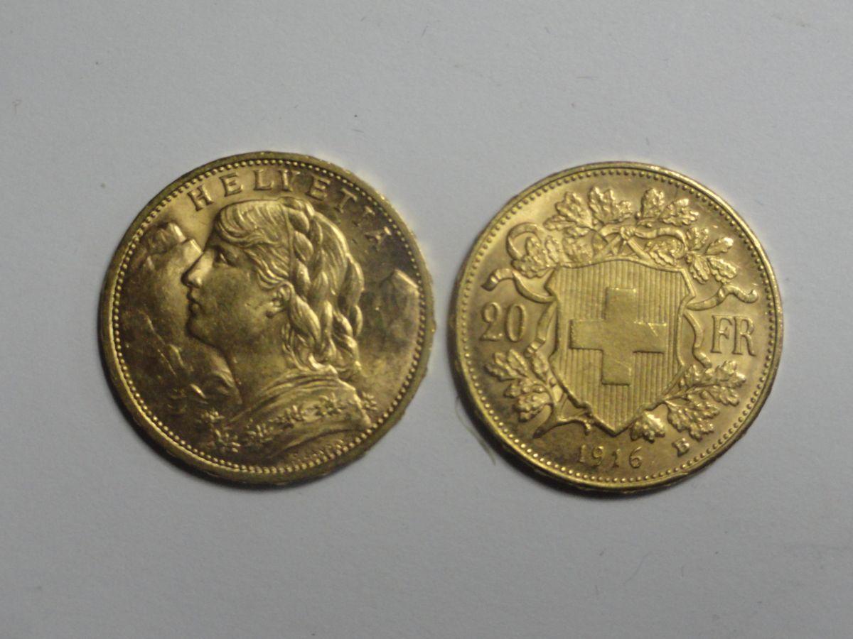 (2) SWISS 20 FRANC HELVETIA GOLD COINS, 90% GOLD