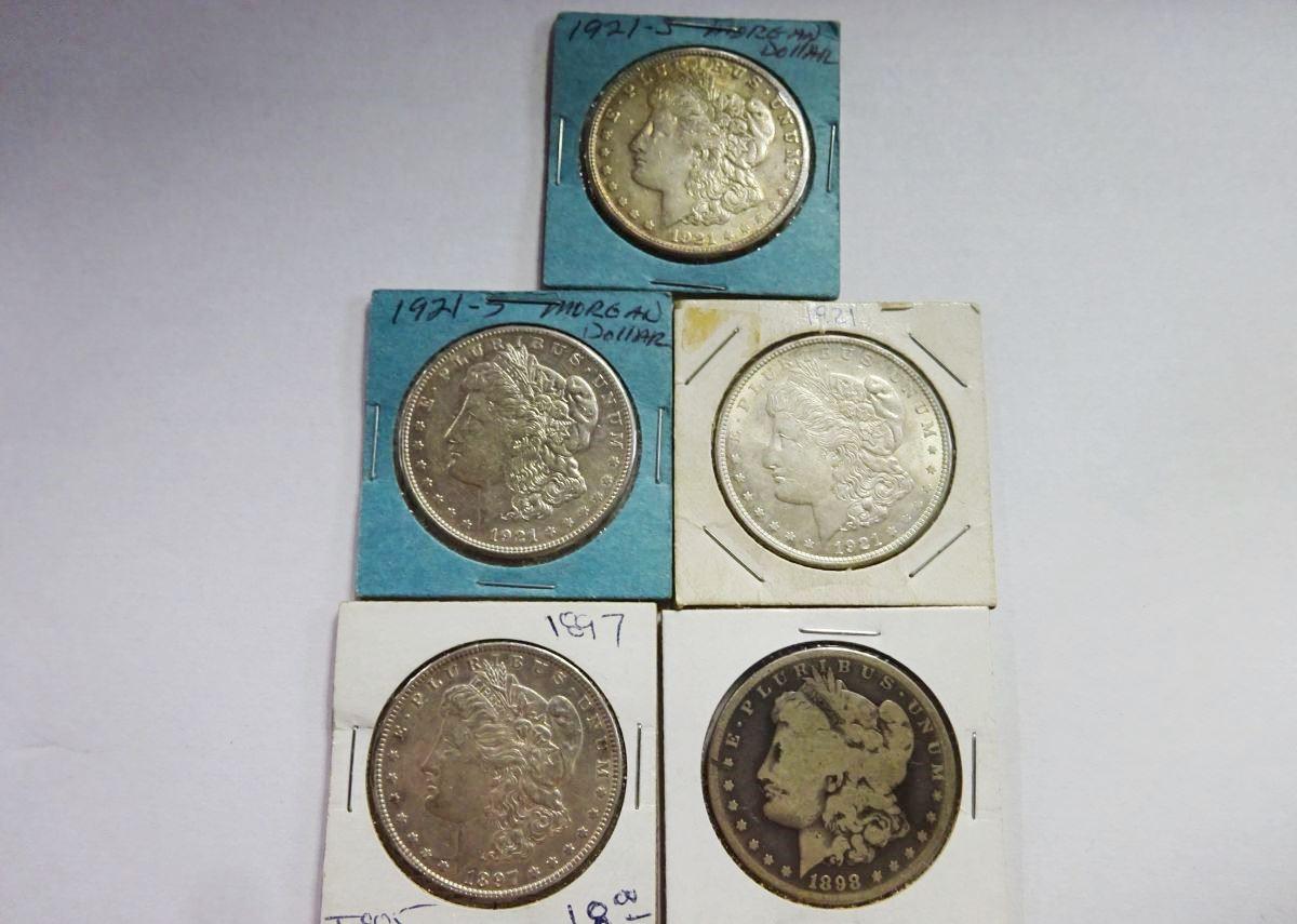 5) MORGAN SILVER DOLLARS: 1897, 1898-S, 1921, (2) 1921-S