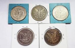 (5) MORGAN SILVER DOLLARS: 1878, 1879-O, 1880-O, (2) 1921