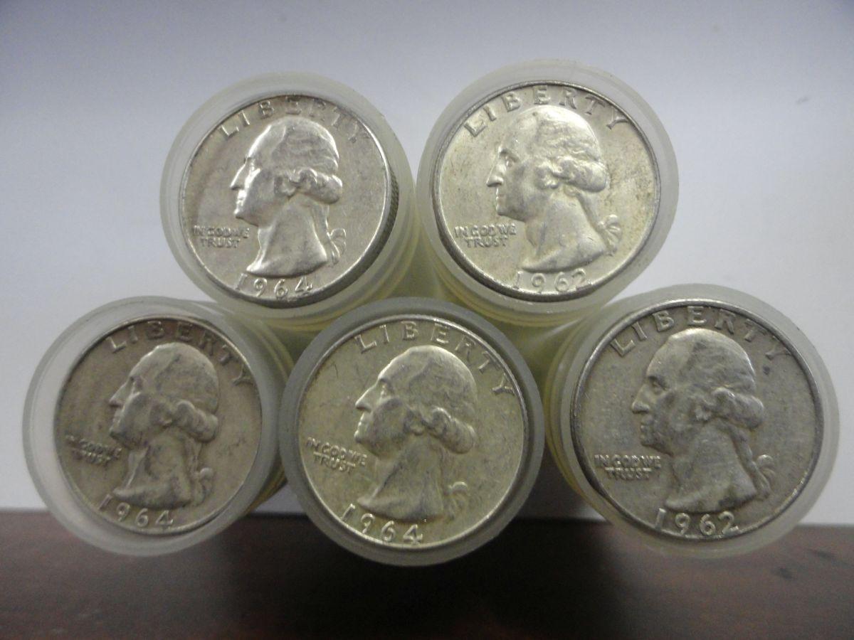 (5) ROLLS OF 40 MIXED DATE, CIRCULATED 90% SILVER WASHINGTON QUARTERS