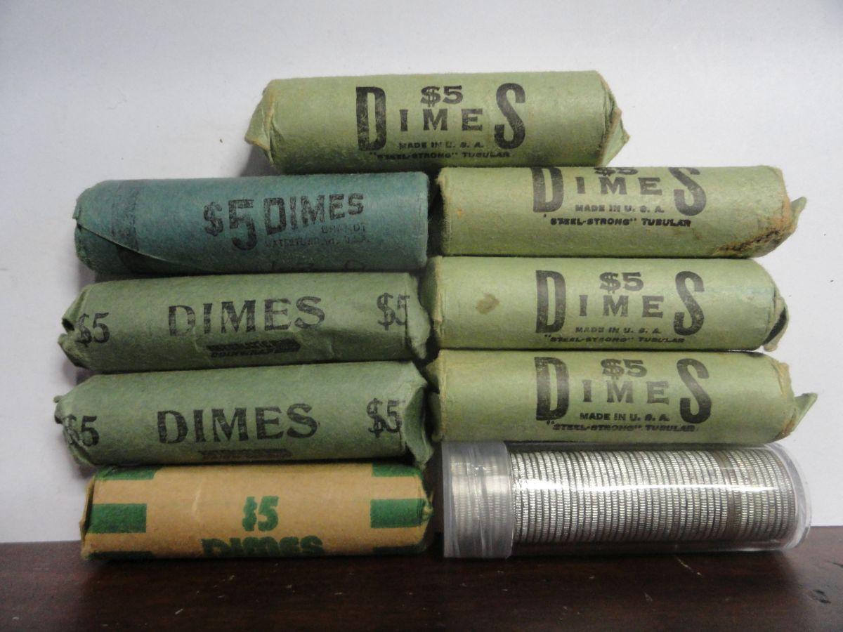 (9) ROLLS OF SILVER BU BANK ROLLS OF ROOSEVELT DIMES: