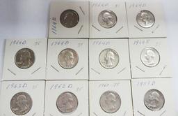 (1) 1964-D SILVER KENNEDY HALF & (14) SILVER WASHINGTON QUARTERS: