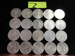 (20) MIXED DATE PEACE SILVER DOLLARS: