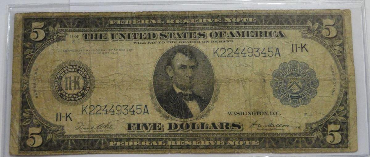 1913 $5 FEDERAL RESERVE NOTE, WHITE/MELLON SIGNATURES