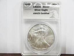 ANACS GRADED MS-69 2012 SILVER AMERICAN EAGLE .999 FINE SILVER COIN