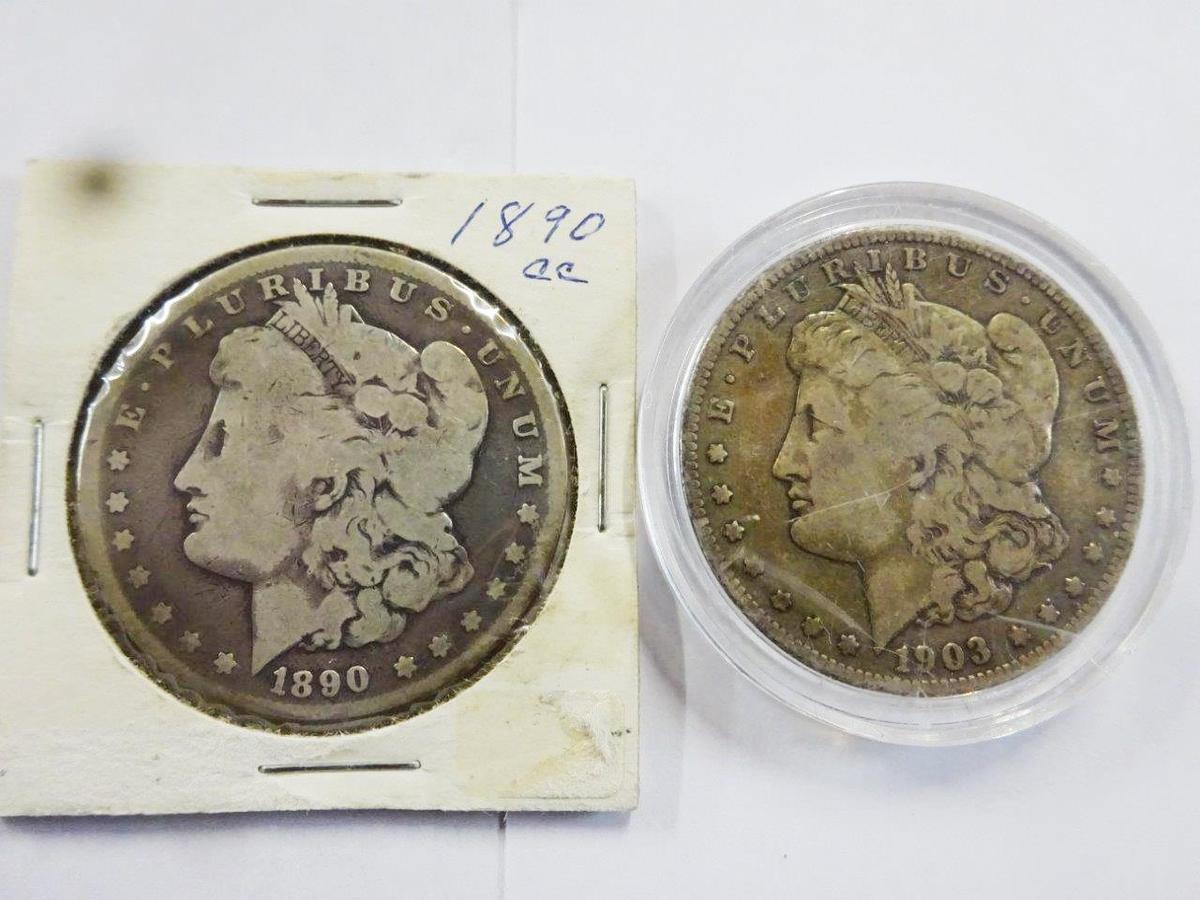 (2) MORGAN SILVER DOLLARS, CIRCULATED - 1890-CC, 1903-S