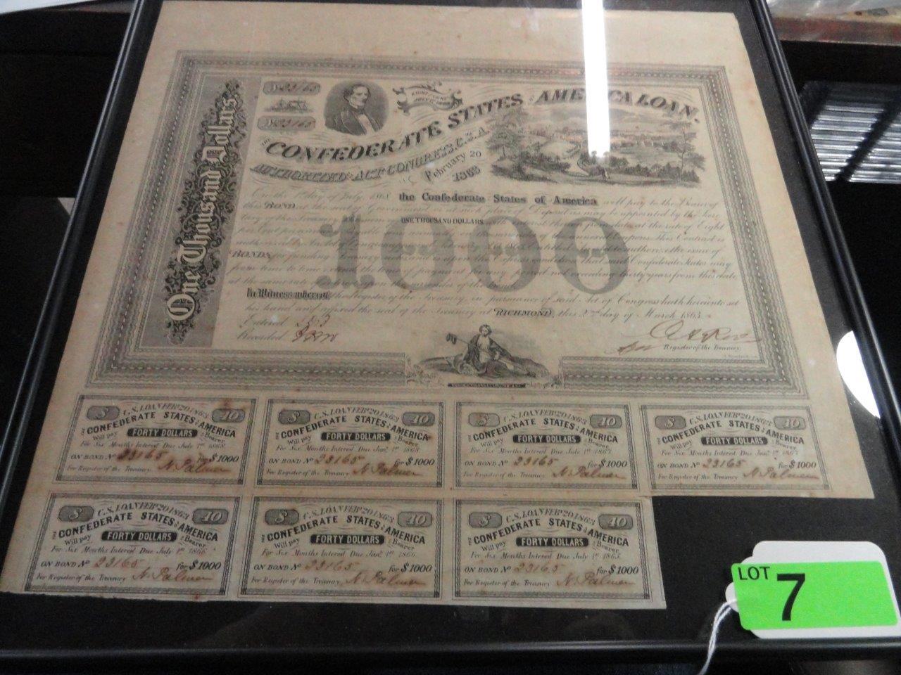 CONFEDERATE 1000 BOND WITH COA, SOTHEBY'S LONDON