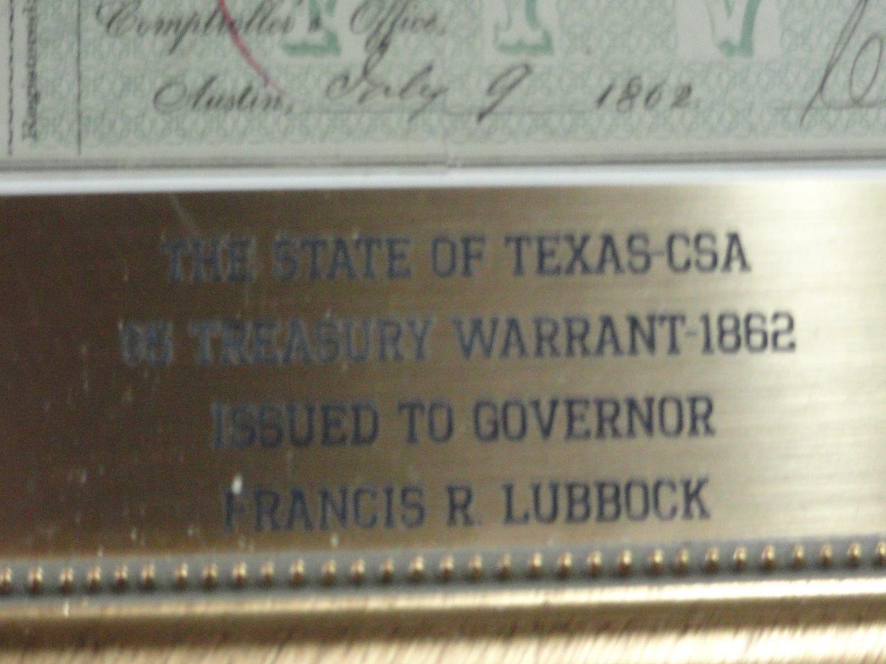 FRAMED STATE OF TEXAS CONFEDERATE STATES $5 ISSUED TO GOVERNMENT LUBBOCK