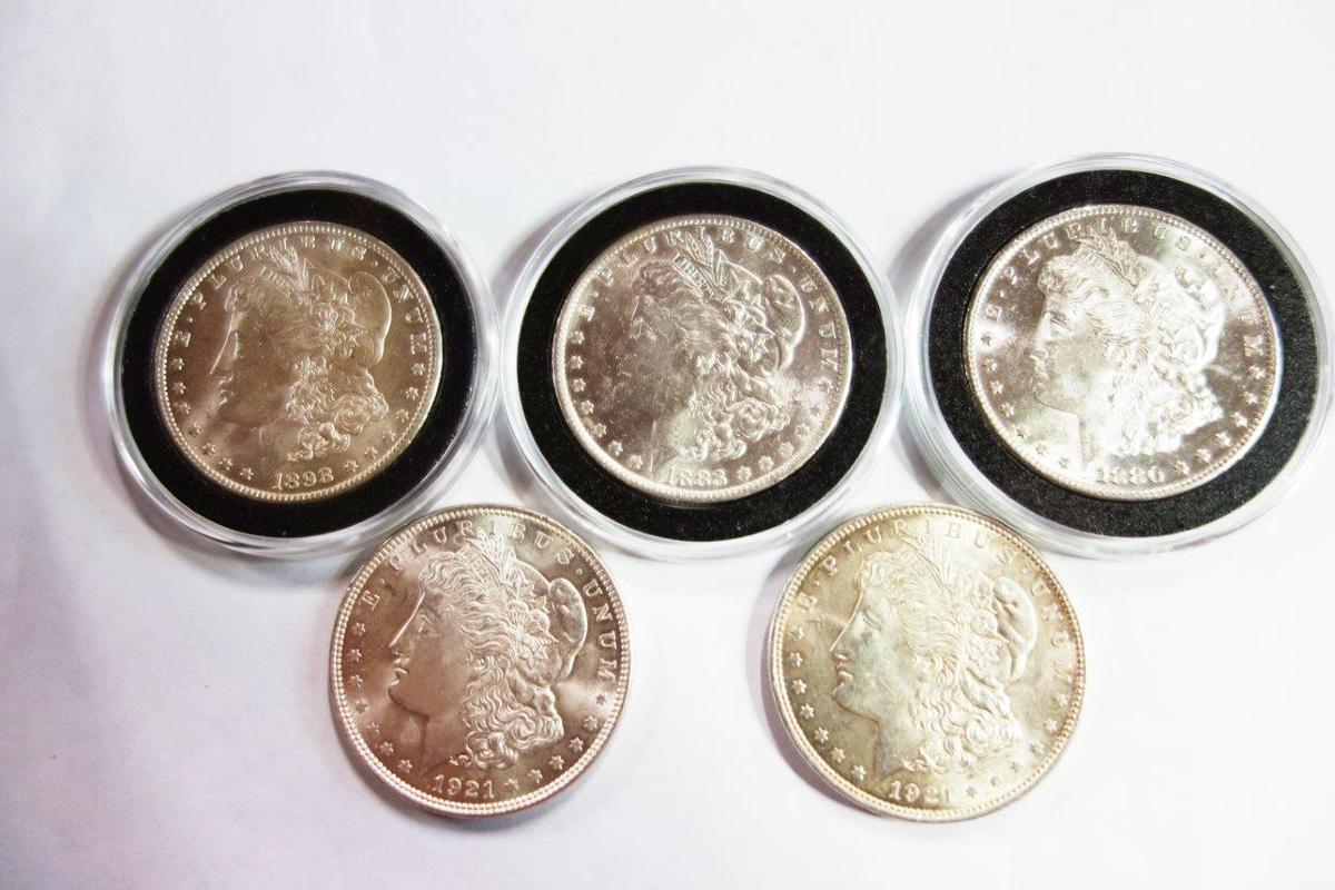 5 MORGAN DOLLARS- 1880-S, 1883-O,1898-O,(2) 1921, BU CONDITION