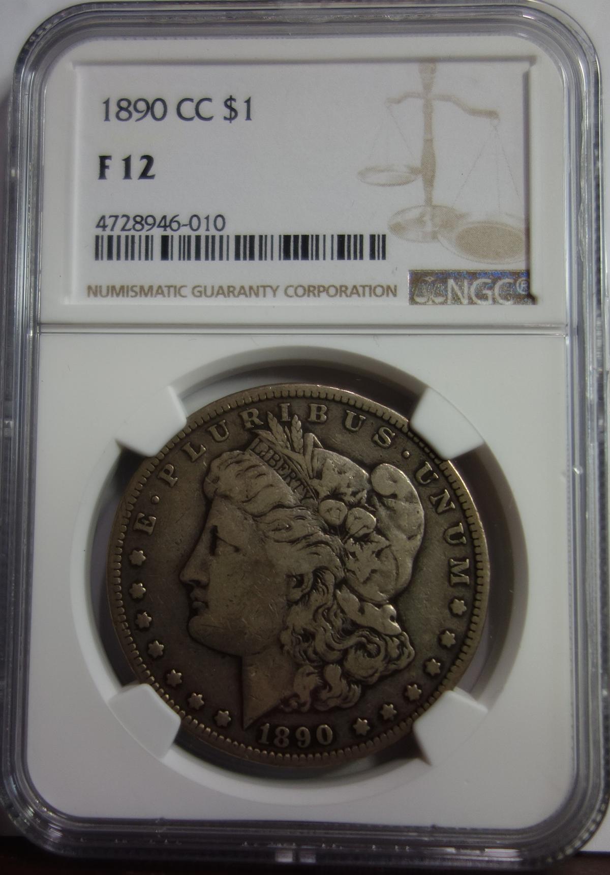 NGC GRADED F-12, 1890-CC MORGAN SILVER DOLLAR