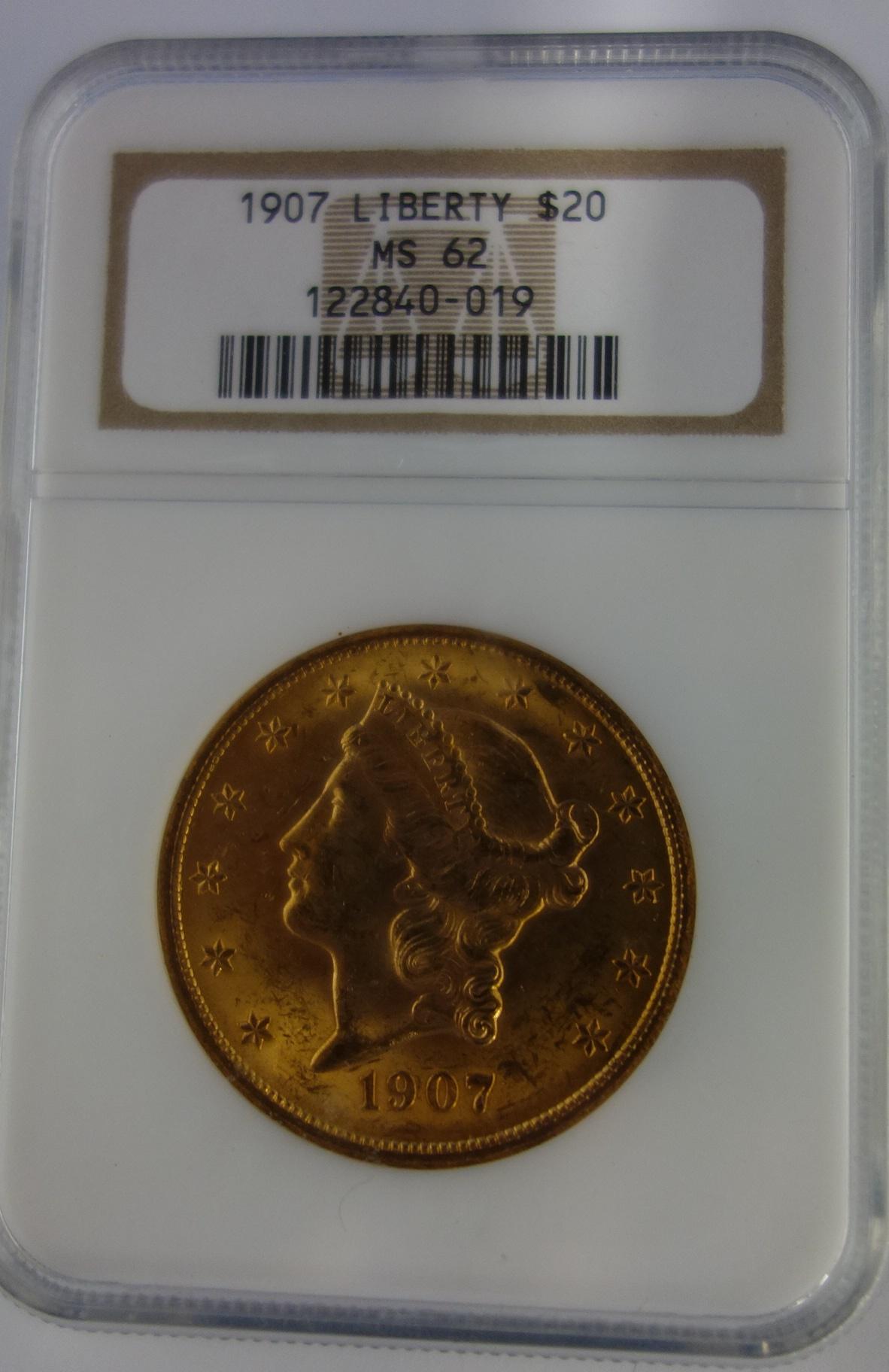 NGC GRADED MS-62 1907 $20 GOLD LIBERTY COIN