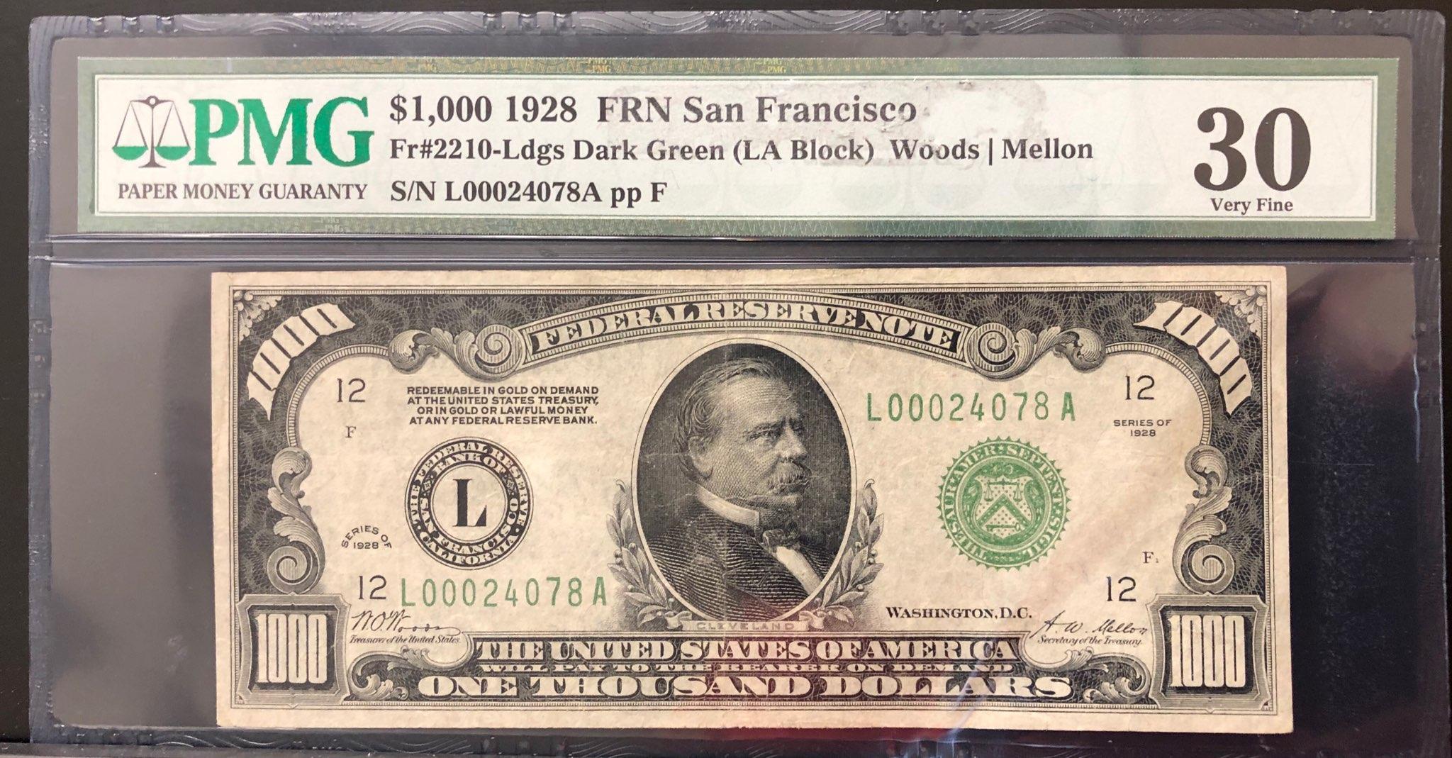 PMG GRADED VERY FINE 30 FR. #2210 $1000 FEDERAL RESERVE NOTE