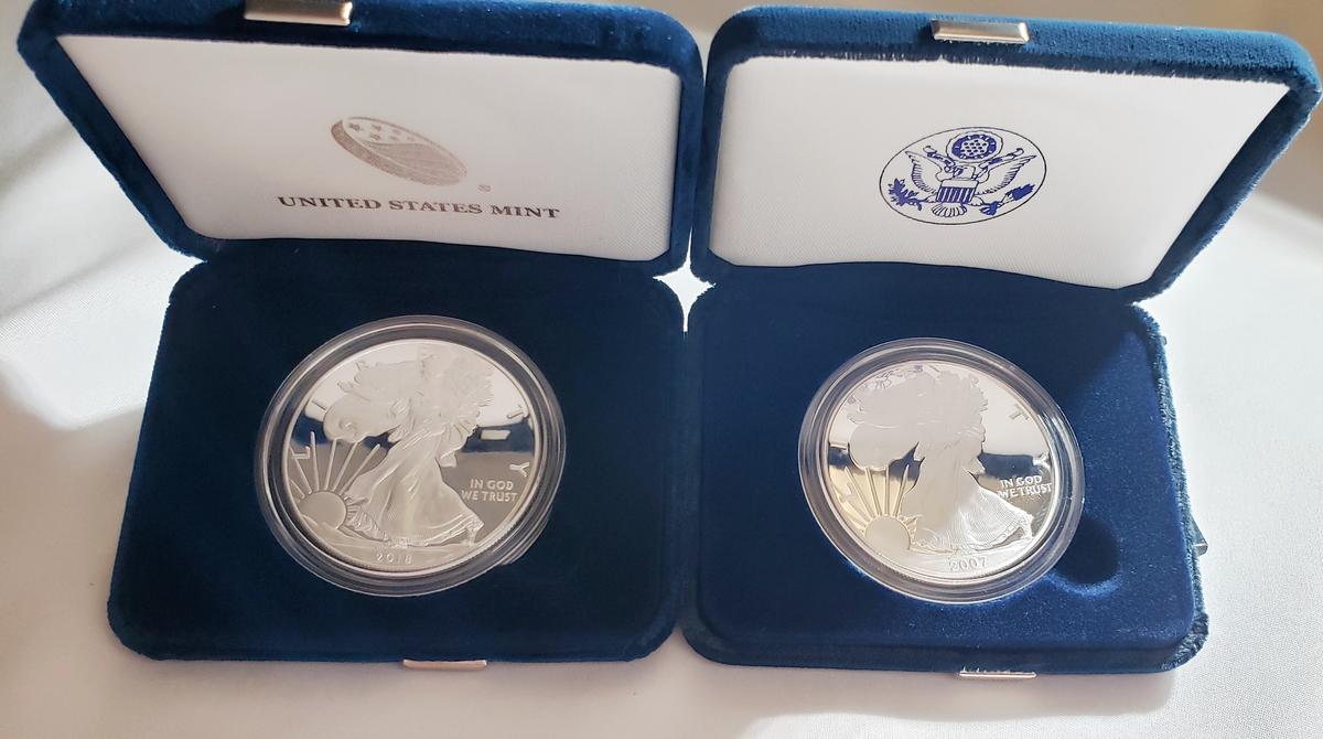 (2) U.S. MINT ONE OUNCE PROOF SILVER AMERICAN EAGLE COINS