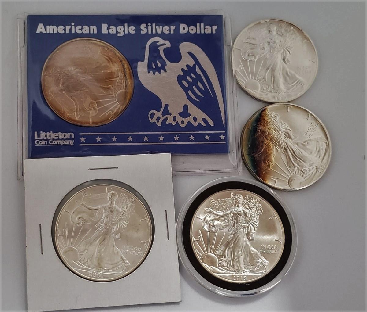 (5) SILVER EAGLE 1 OZ .999 SILVER COINS: 1993, 1997, 2001, 2013, 2015