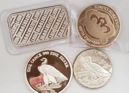 (4) SILVER 1 OZ SILVER ROUNDS & BAR,