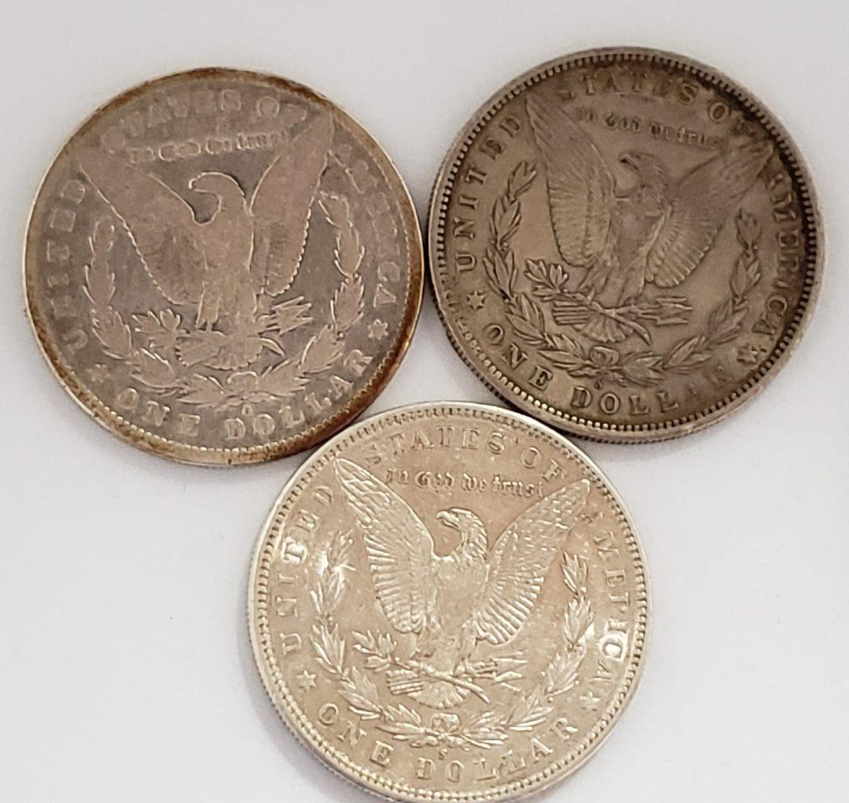 (3) CIRCULATED MORGAN SILVER DOLLARS: 1890-S, 1894-O, 1898-S