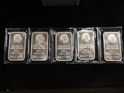 (5) U.S. STATE SILVER ONE TROY OZ BARS, .999 FINE SILVER