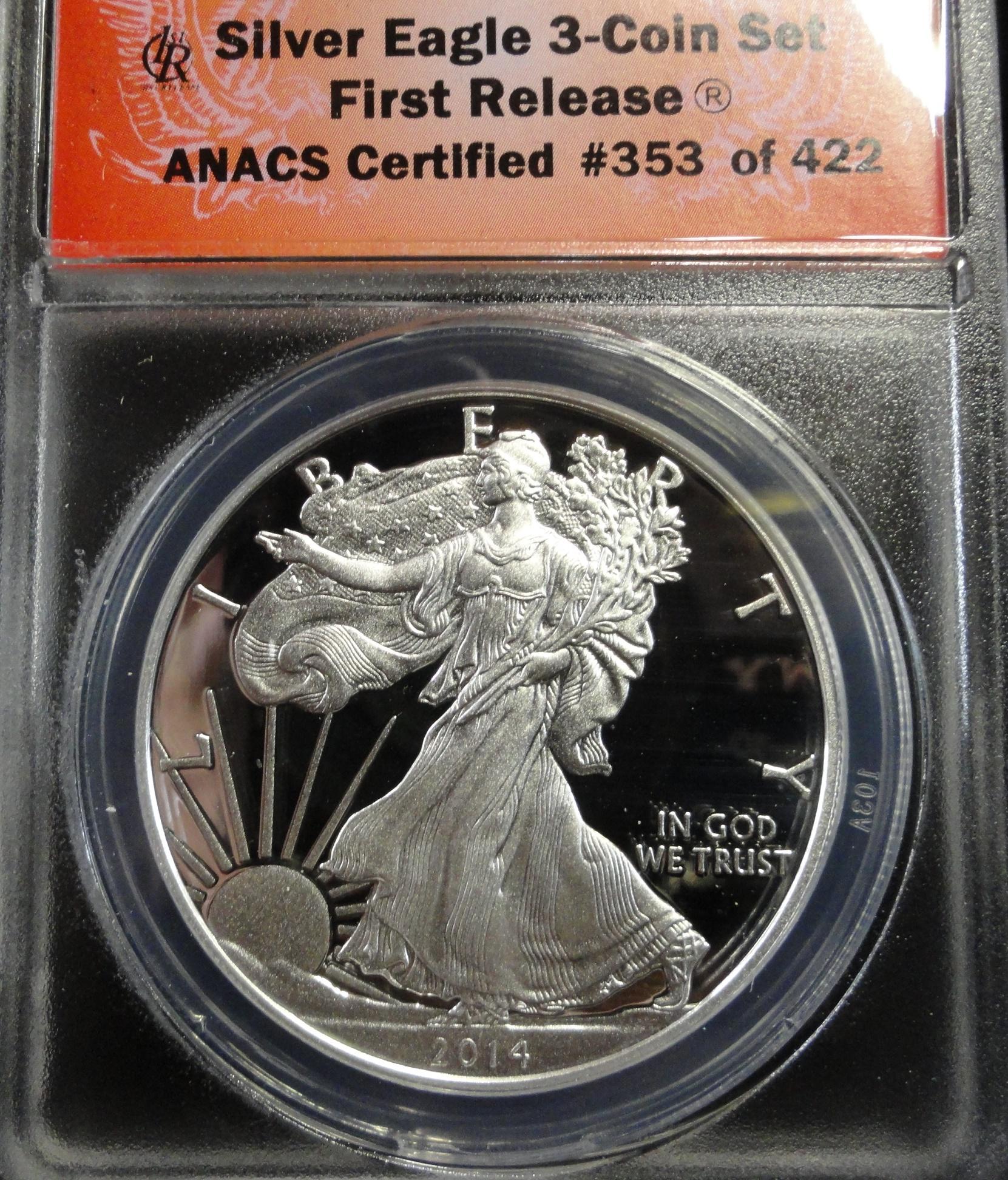 BOXED SET OF ANACS GRADED THREE COIN SET 2014 SILVER EAGLE