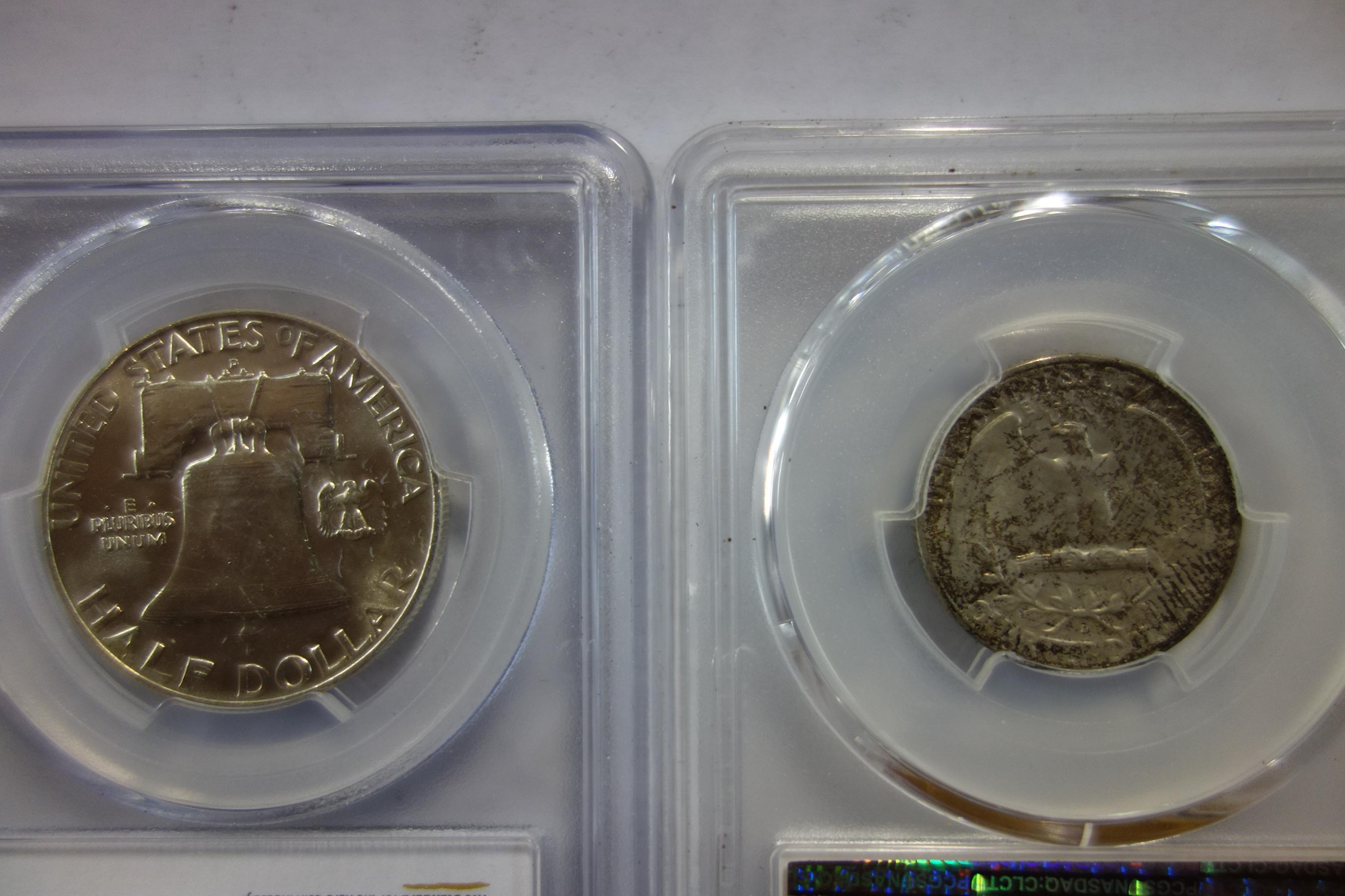 PCGS GRADED 1958-D FRANKLIN HALF; PCGS GRADED MS65 1956-D WASHINGTON QUARTER