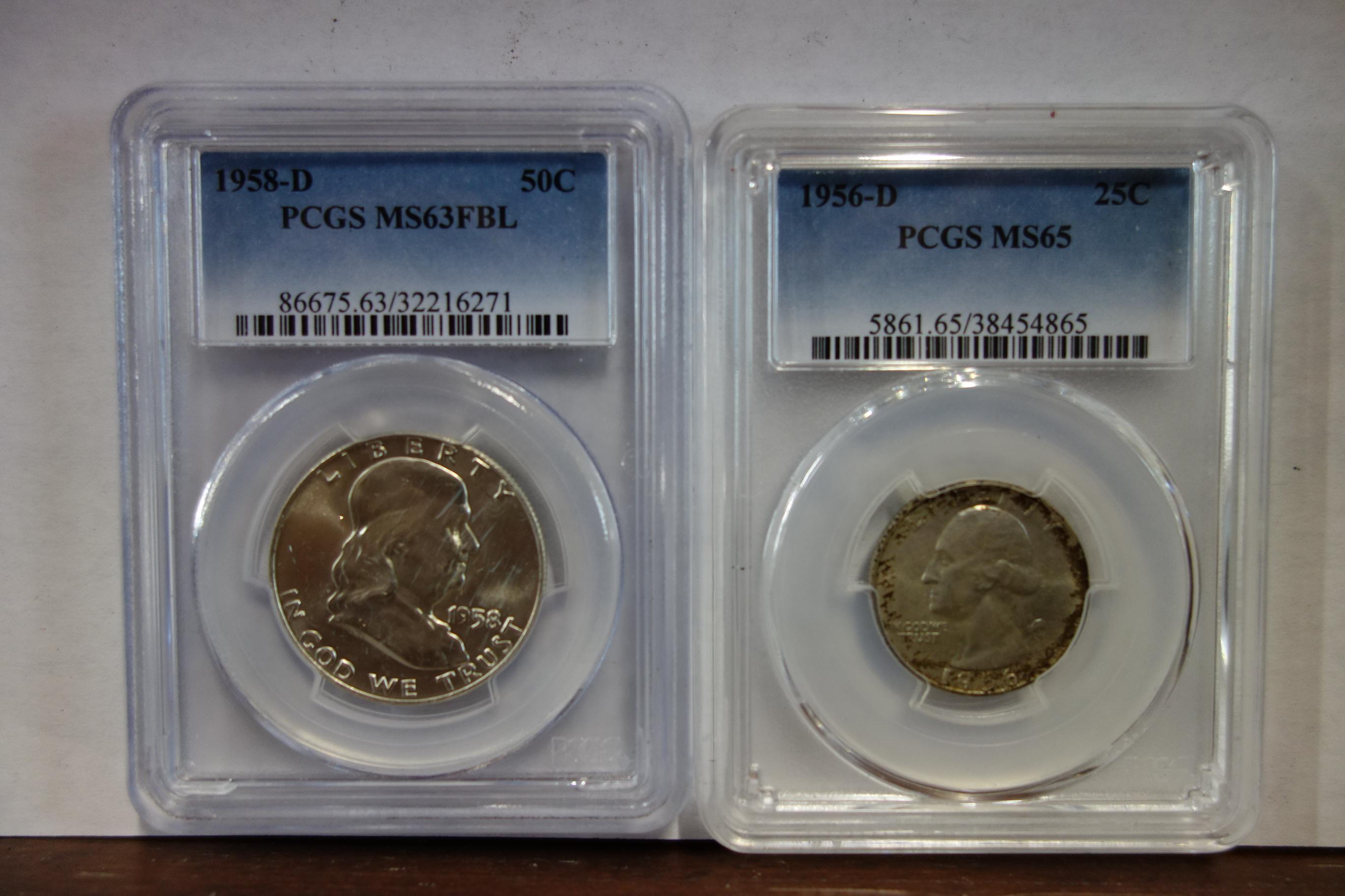 PCGS GRADED 1958-D FRANKLIN HALF; PCGS GRADED MS65 1956-D WASHINGTON QUARTER