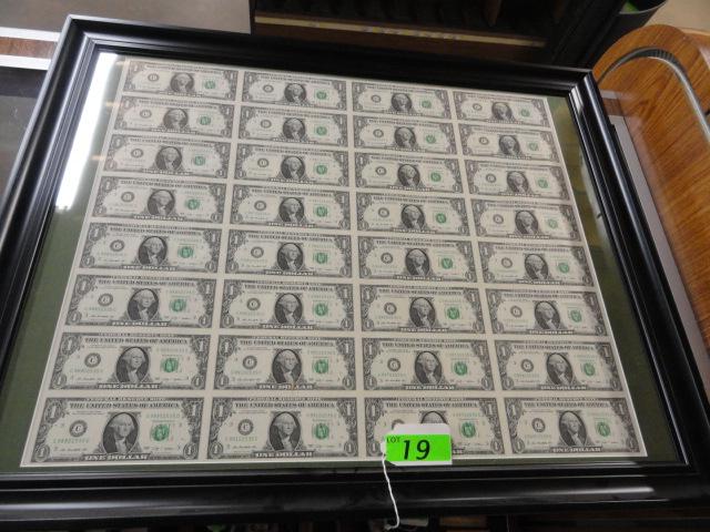 FRAMED UNCUT SHEET OF (32) 2009 ONE DOLLAR NOTES