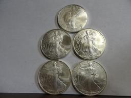 (5) AMERICAN EAGLE .999 FINE SILVER 1 TROY OUNCE COINS: