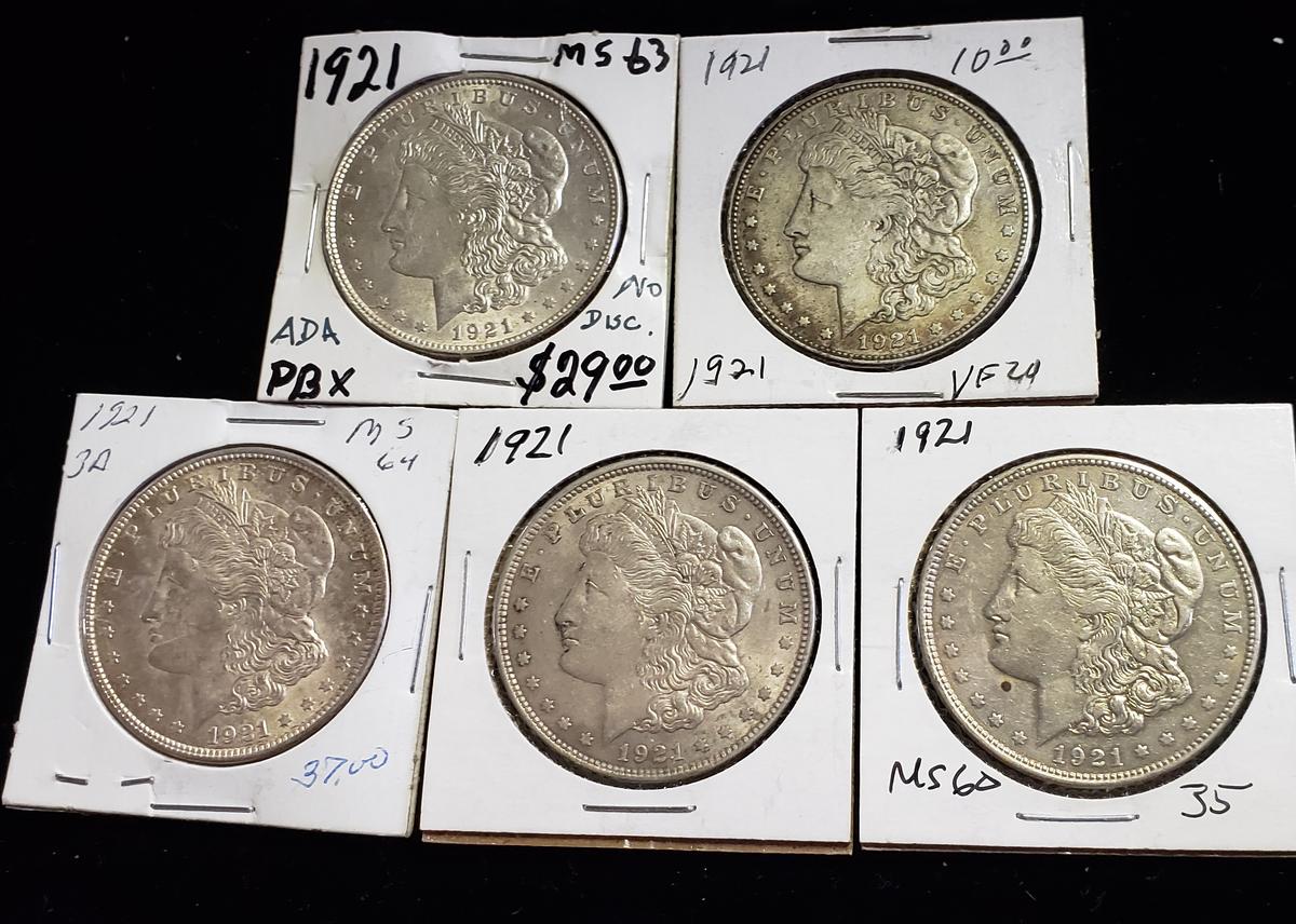 (5) 1921 MORGAN SILVER DOLLARS