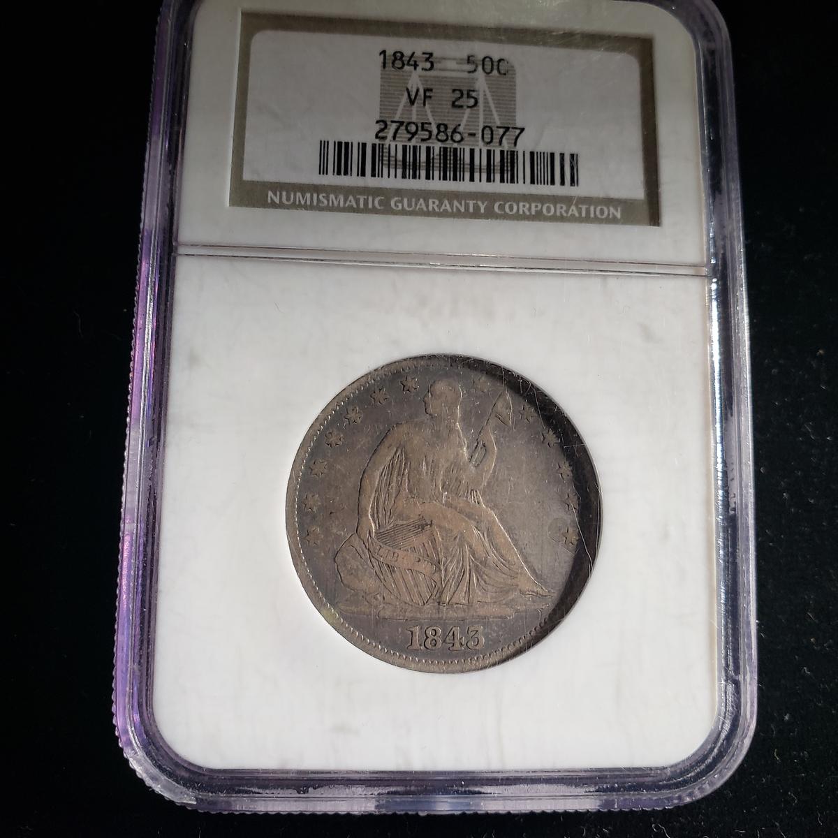 NGC GRADED VF-25 1843 SEATED LIBERTY HALF DOLLAR COIN