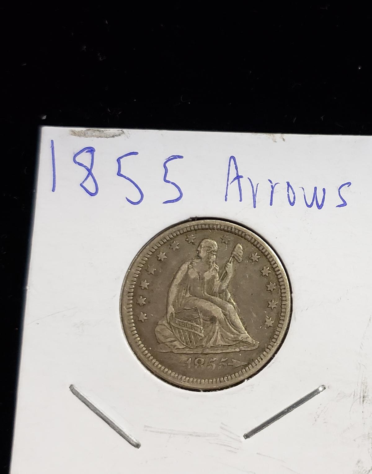 1855 ARROWS SEATED LIBERTY 25¢ COIN