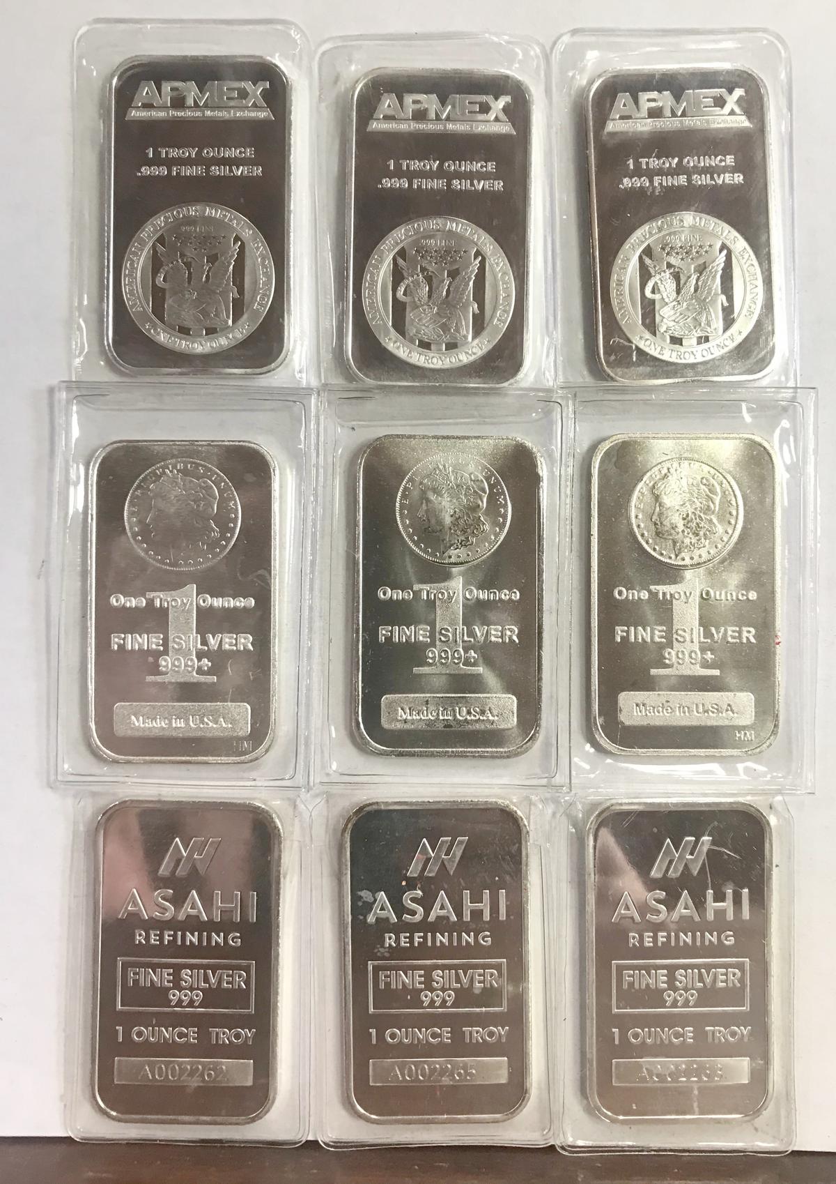 (9) ONE TROY OUNCE SILVER BARS, .999 FINE