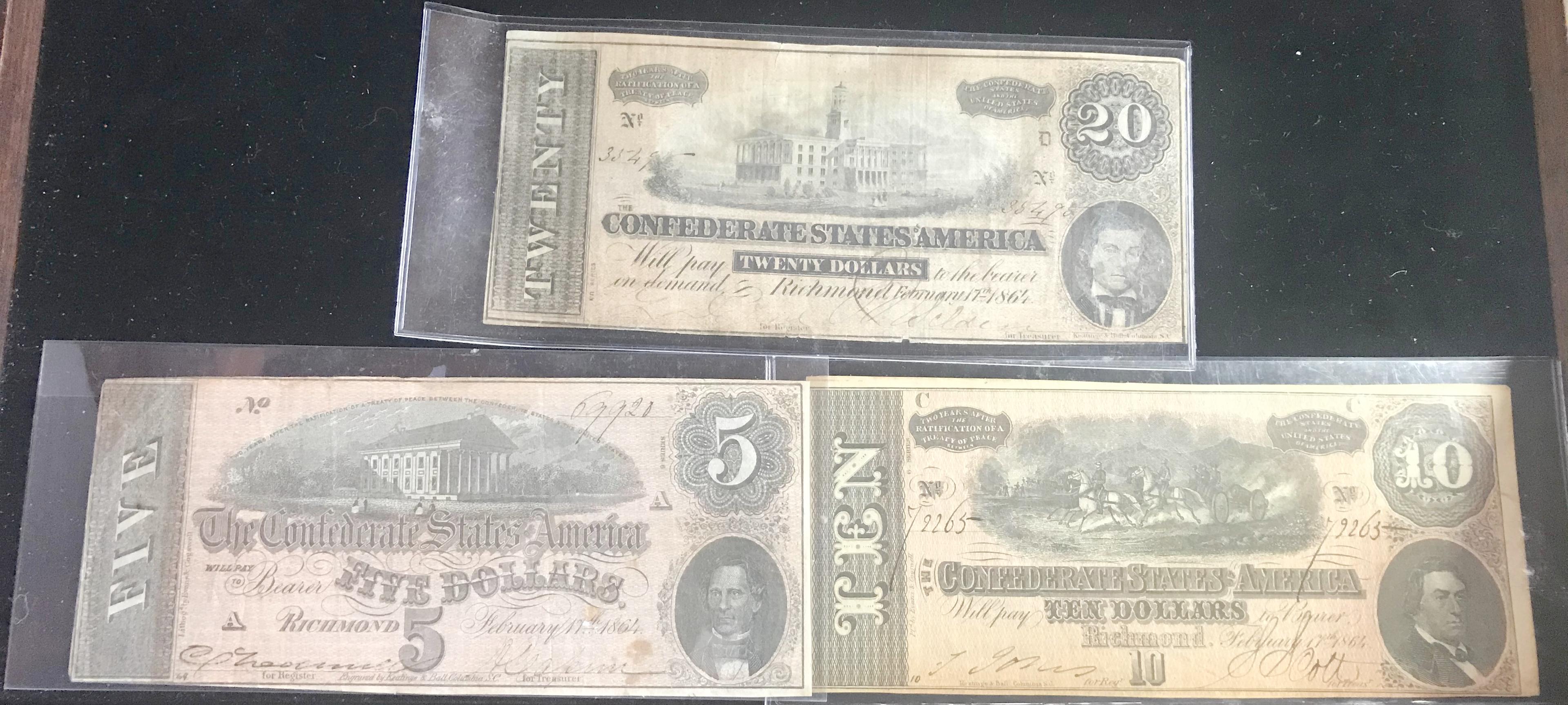 (3) CONFEDERATE STATES OF AMERICA NOTES: $5, $10, $20