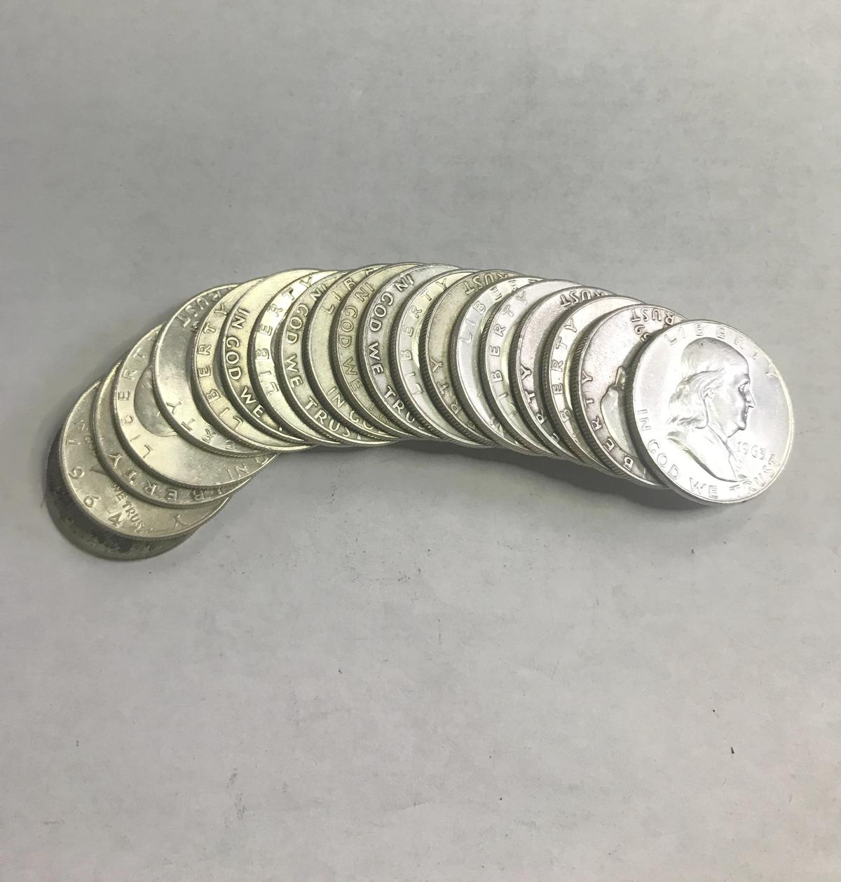 ROLL OF CIRCULATED FRANKLIN & KENNEDY SILVER HALF DOLLARS: