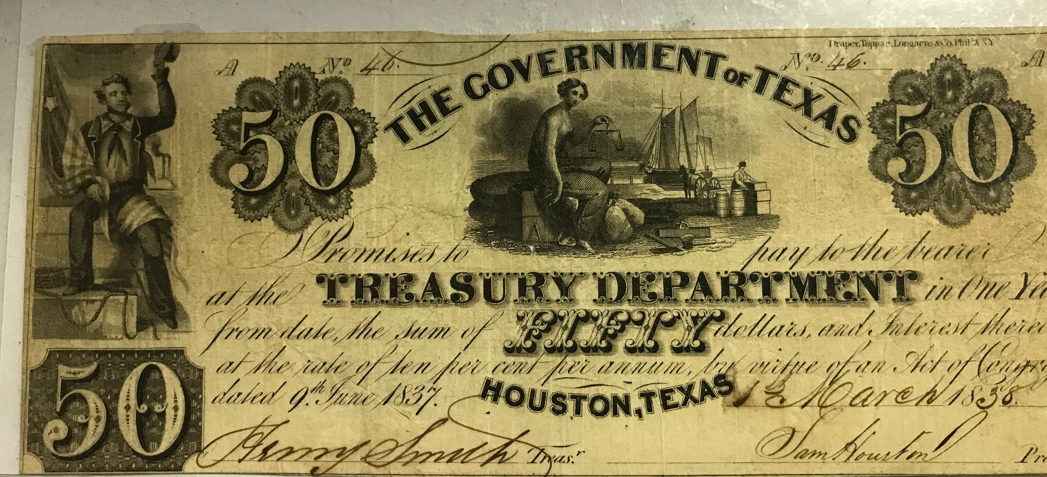 THE GOVERNMENT OF TEXAS ONE YEAR TREASURY BOND  AND SAM HOUSTON