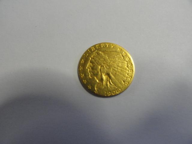 1908 INDIAN 2 1/2 DOLLAR GOLD COIN, VF+