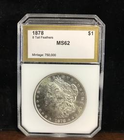 PCI GRADED MS62 1878 - 8 TAIL FEATHERS MORGAN SILVER DOLLAR