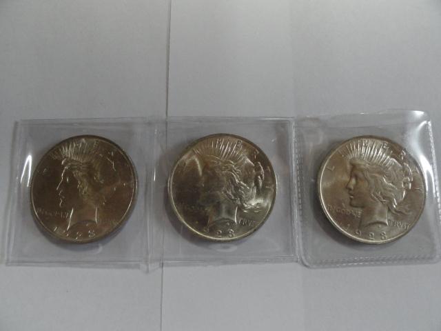 (3) BU 1923 PEACE SILVER DOLLARS