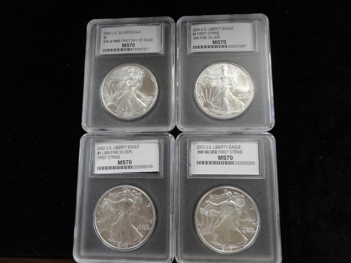 (4) PCC GRADED MS70 FIRST STRIKE 999 FINE SILVER AMERICAN EAGLE COINS