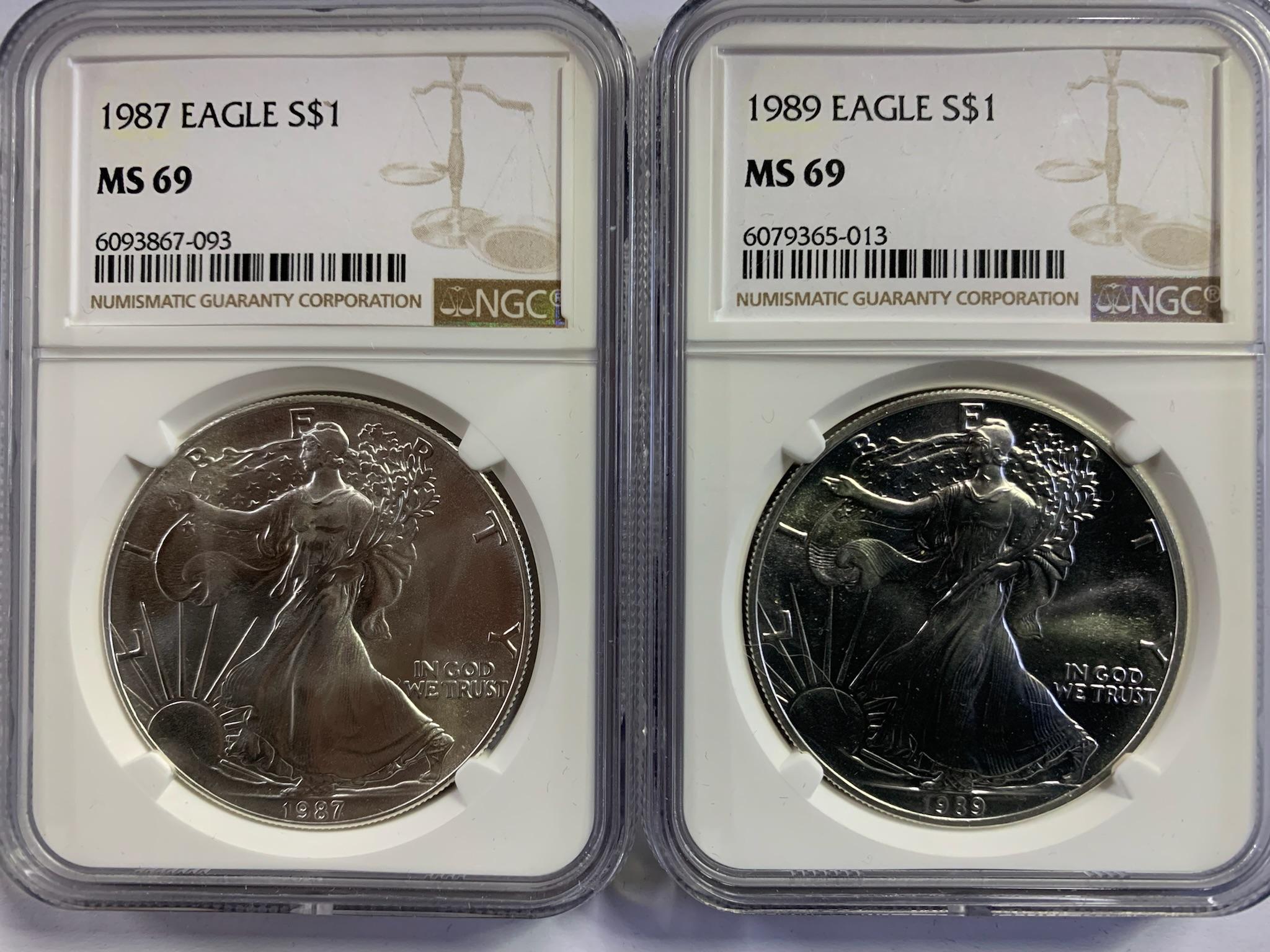 (2) NGC GRADED MS69 SILVER EAGLE COINS, 1987 & 1989