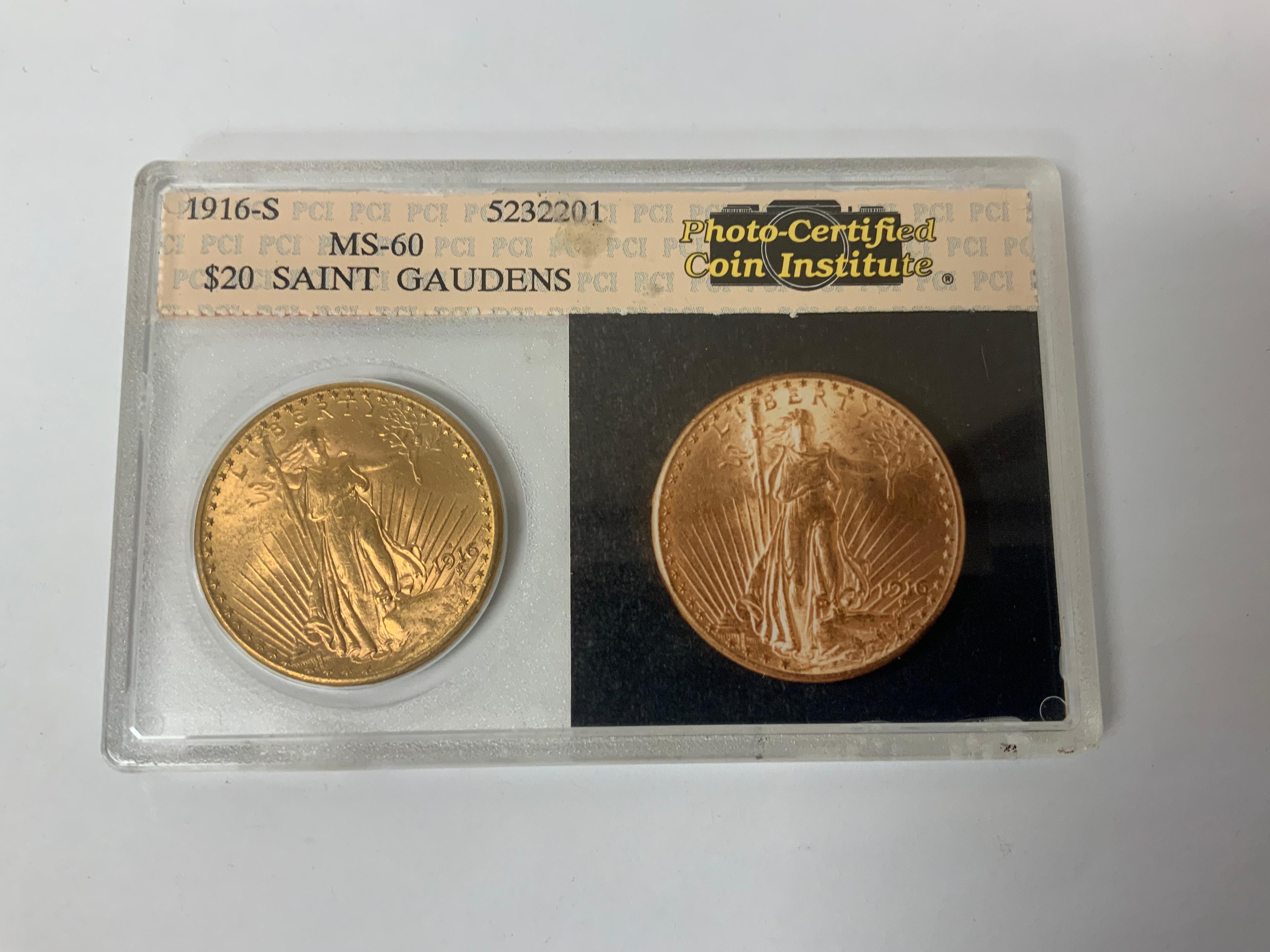 1GOLD 1916-S MS-60  $20 ST GAUDENS GOLD COIN, PCI CERTIFIED