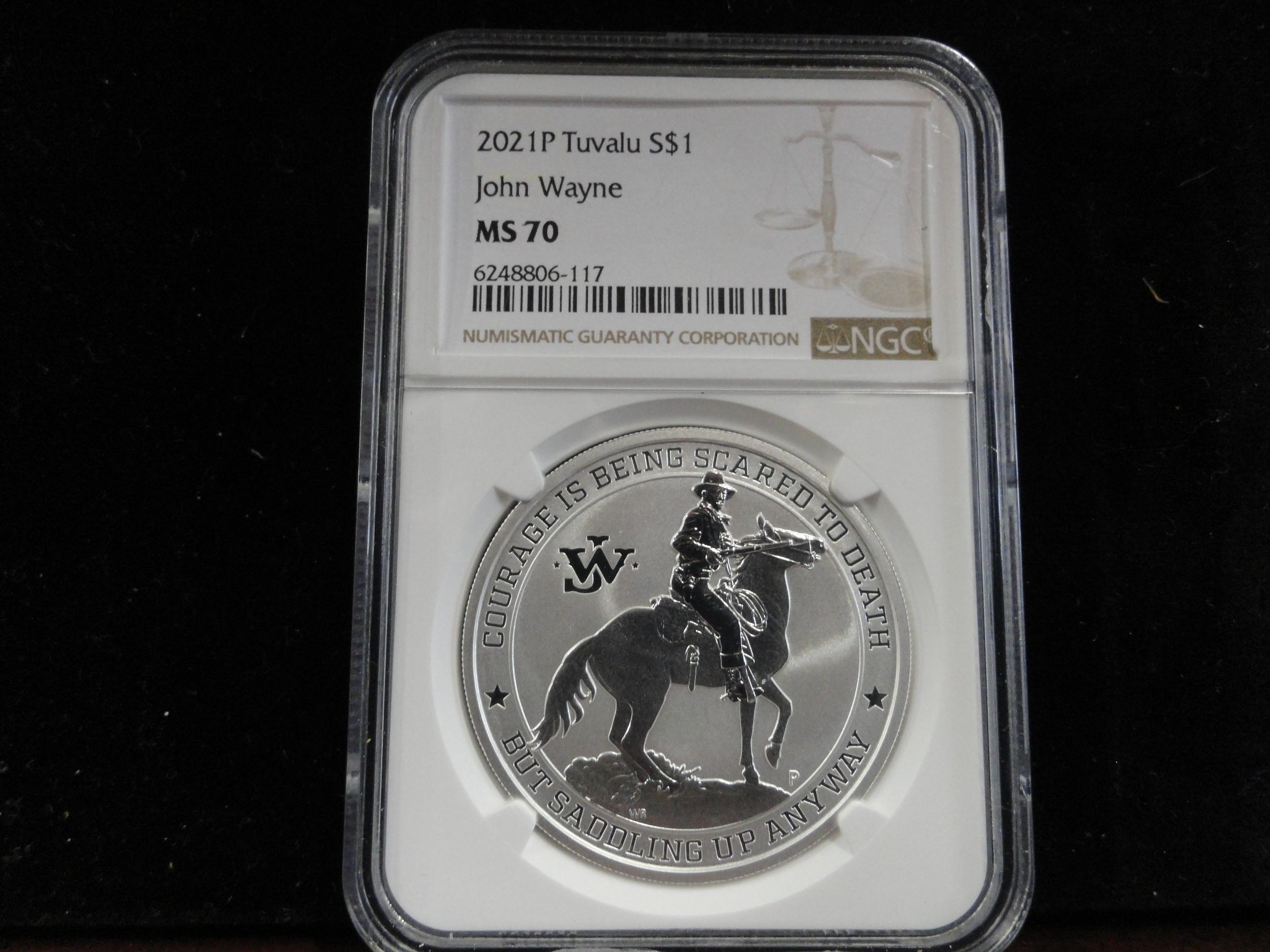 NGC GRADED MS70 2021-P TUVALU S $1 JOHN WAYNE COIN