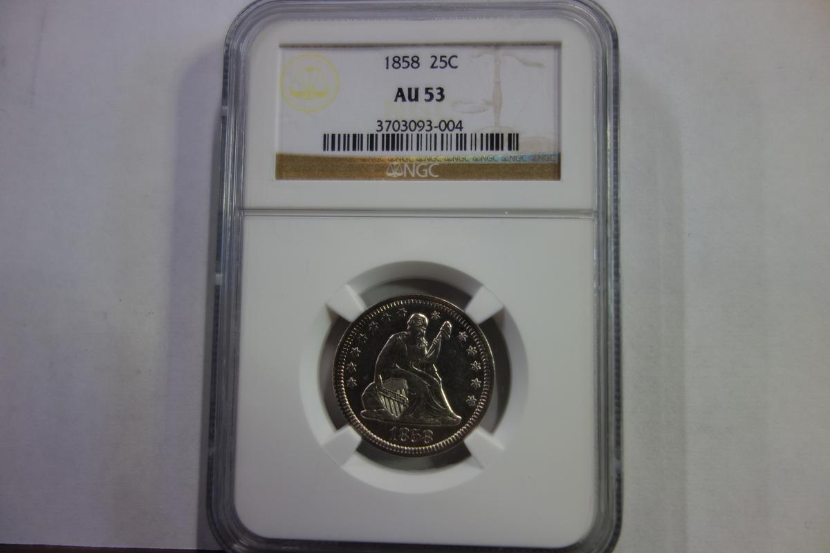 NGC GRADED AU53 1858 SEATED LIBERTY 25 CENTS