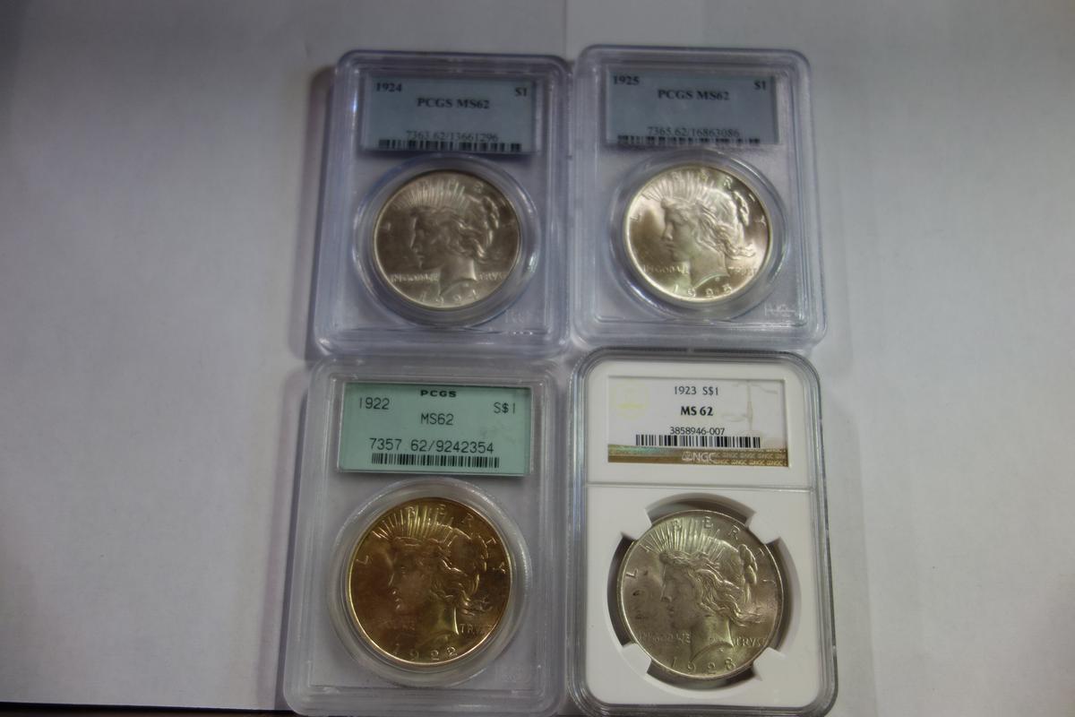 (4) PCGS & NGC GRADED MS62 PEACE SILVER DOLLARS: 1922, 1923, 1924, 1925